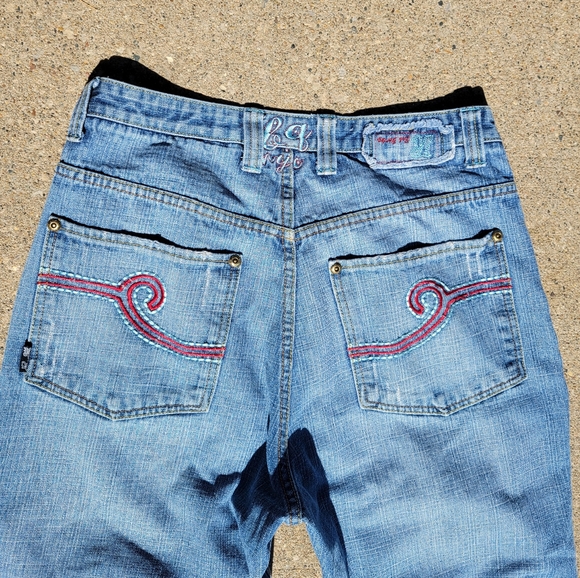 Baggy Skater Jeans BARBQ Wide Leg Medium Light Wash Red Pocket 34 x 34 BBQ - Picture 2 of 10